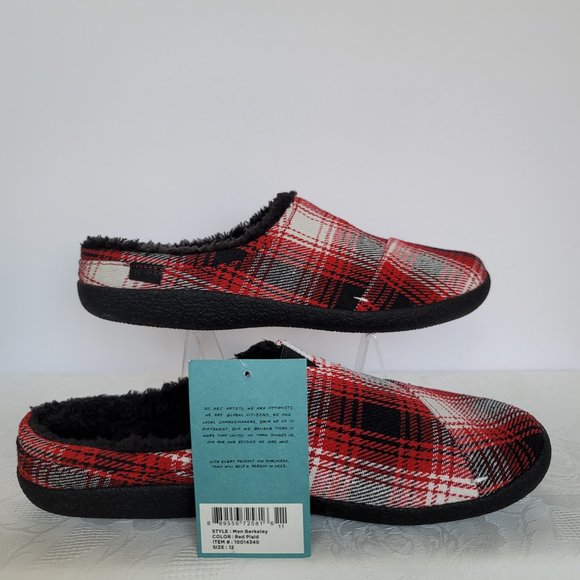 TOMS Mens Berkeley Faux Fur Lined Slip-On Slippers-Red Plaid- Men's Size 12 - Picture 13 of 15